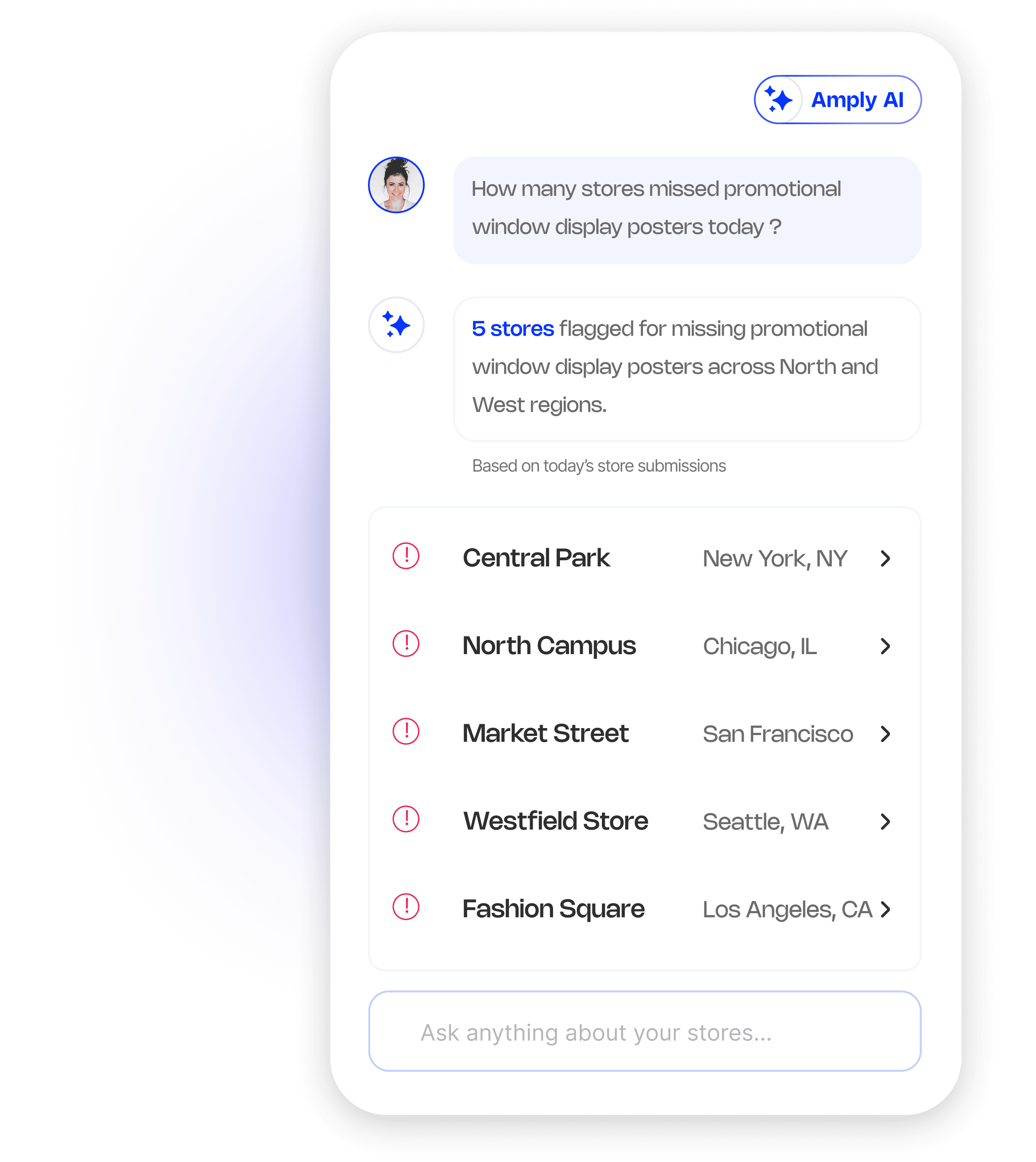 Amply AI mobile chat: ask questions about stores and see flagged locations with alerts