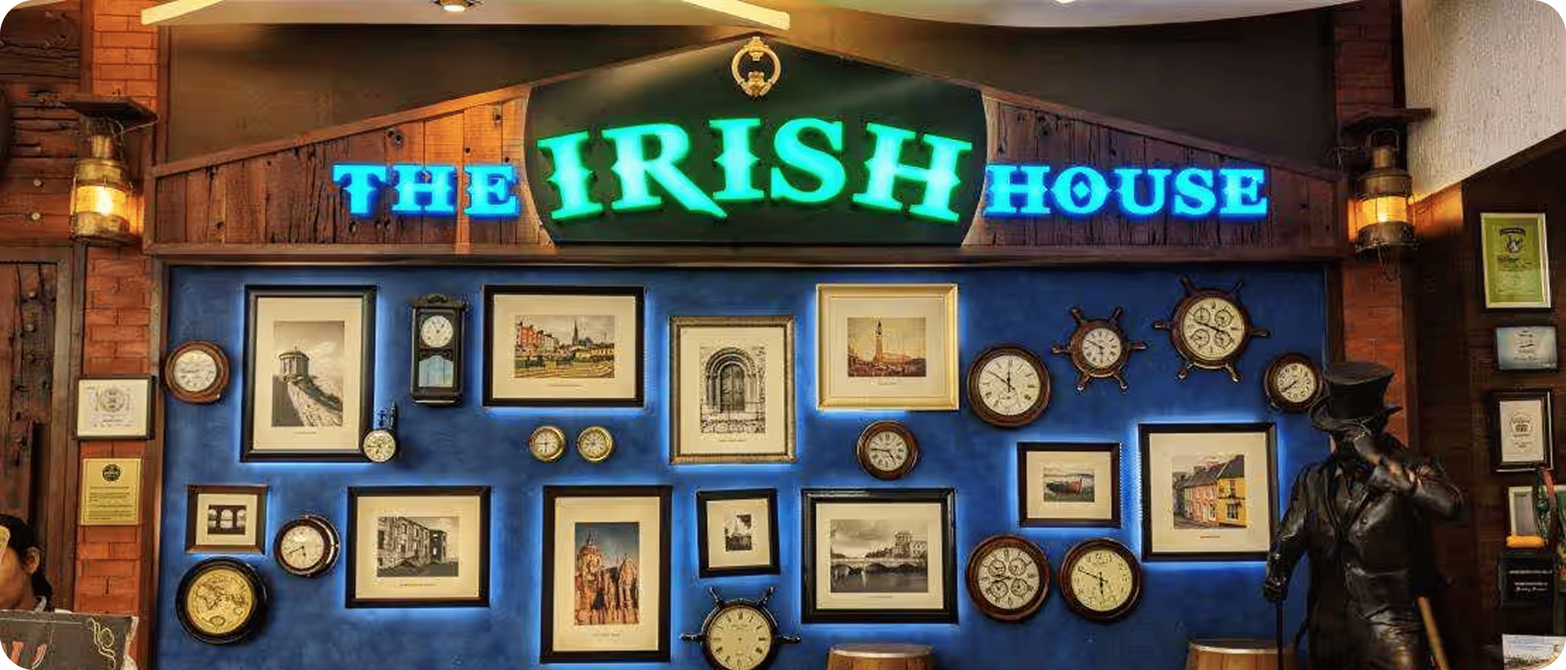 The Irish House pub interior with neon signage