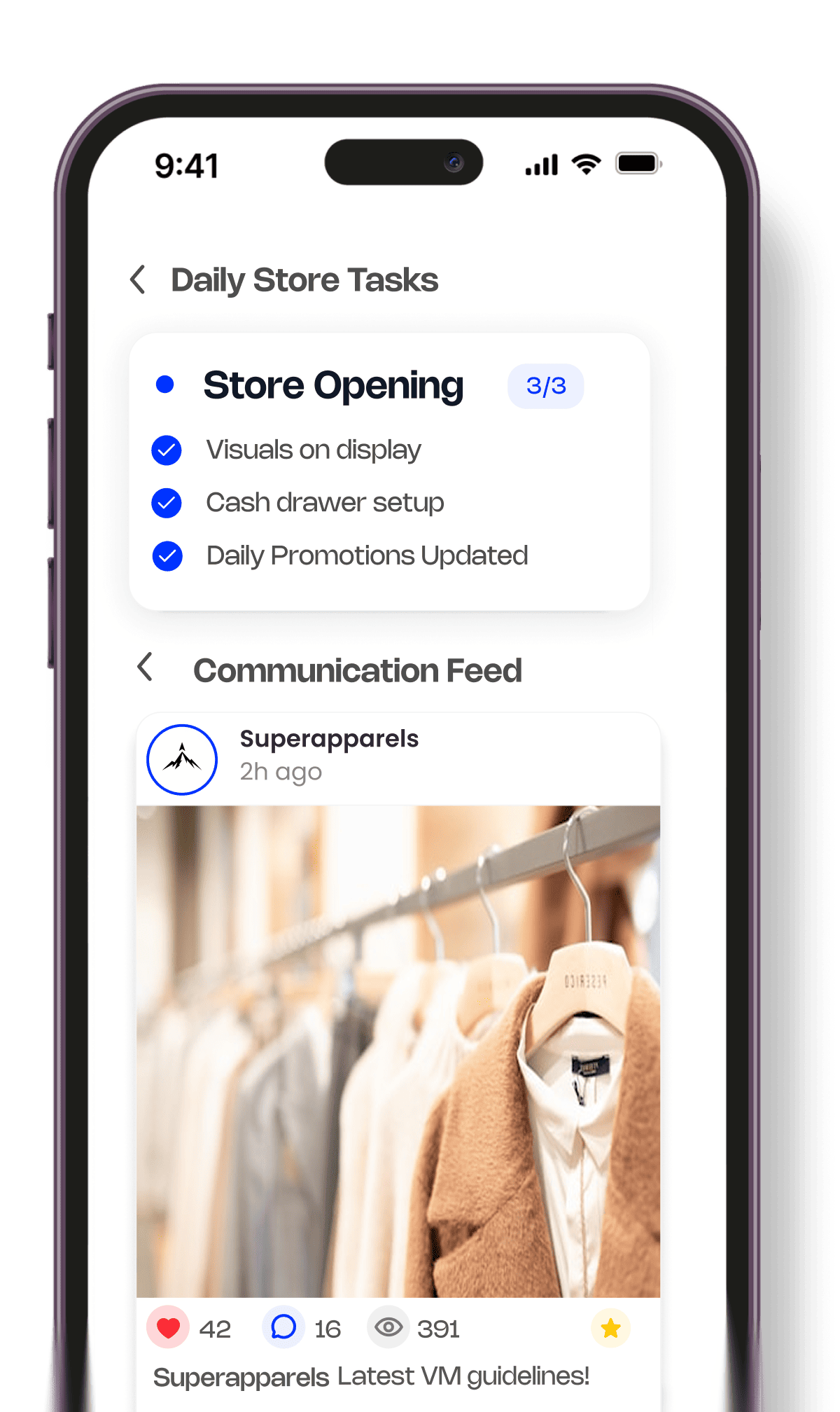 Amply mobile app showing daily store tasks and a communication feed
