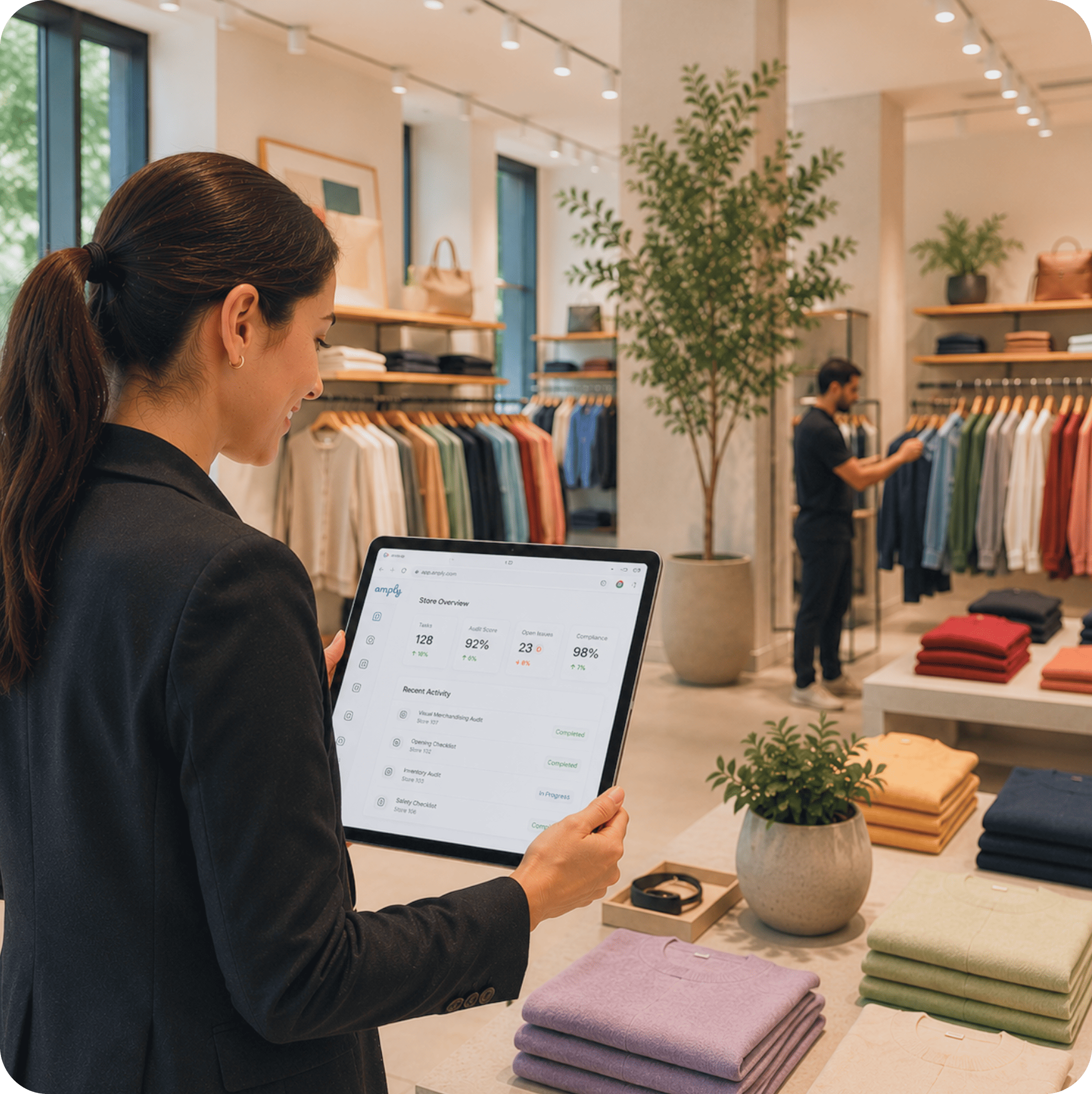 Retail leader reviewing store analytics on a tablet in a clothing store