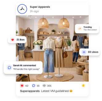 Communication feed showing social media-style posts with VM guidelines, community interactions, likes, comments, trending topics, and engagement metrics